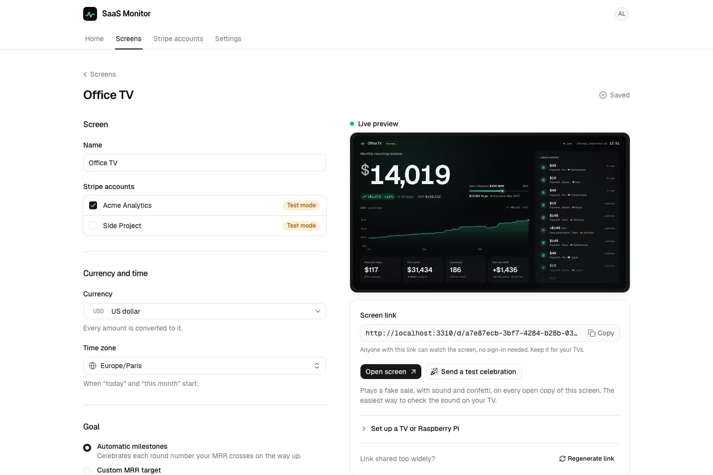 The screen editor: settings on the left, live preview and share panel on the right