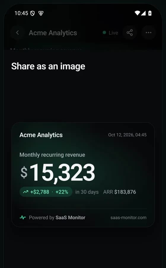 L’app Android che condivide l’MRR come immagine, firmata Powered by SaaS Monitor